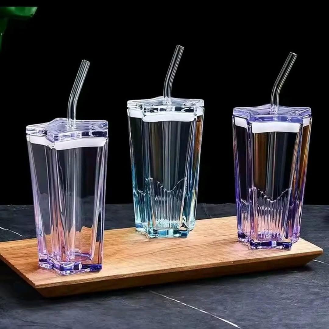 Pentagonal Glass Tumbler with Straw