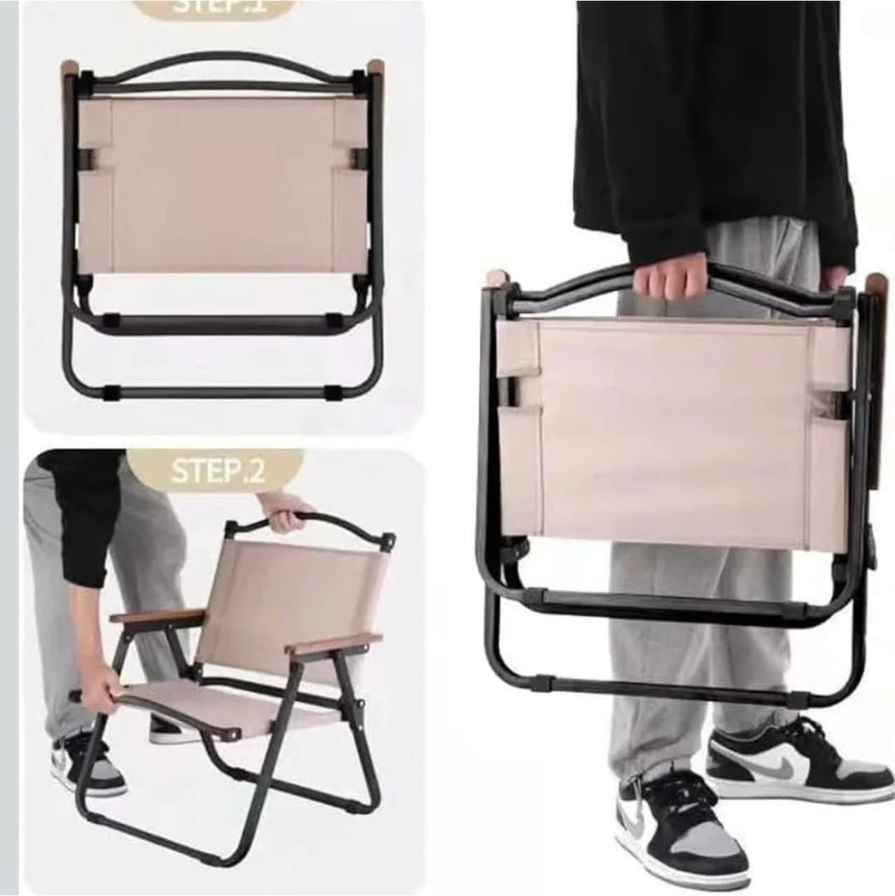 Folding Portable Metal Camping Chair with Wooden Armrest