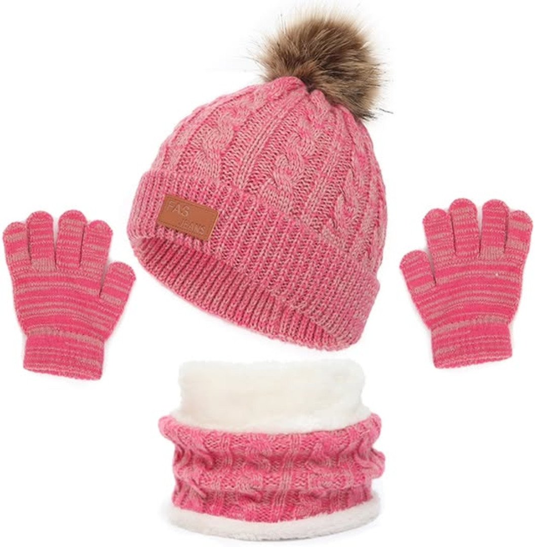 3 in 1 Winter Kids Beanies Hat Scarf and Gloves Set