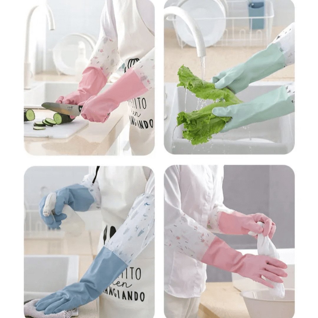 These premium household gloves are made from high-quality, food-grade silicone, providing 100% waterproof protection. Long Silicone Waterproof Kitchen Gloves