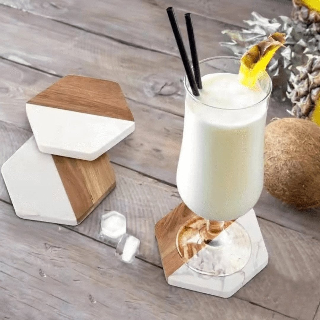 Set of 6 marble and wood Hexagon Coasters