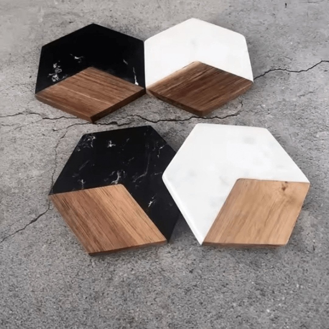 Set of 6 marble and wood Hexagon Coasters