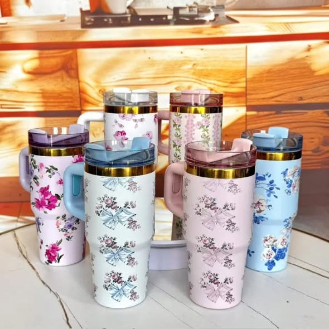 Mini Floral Vacuum flask with straw