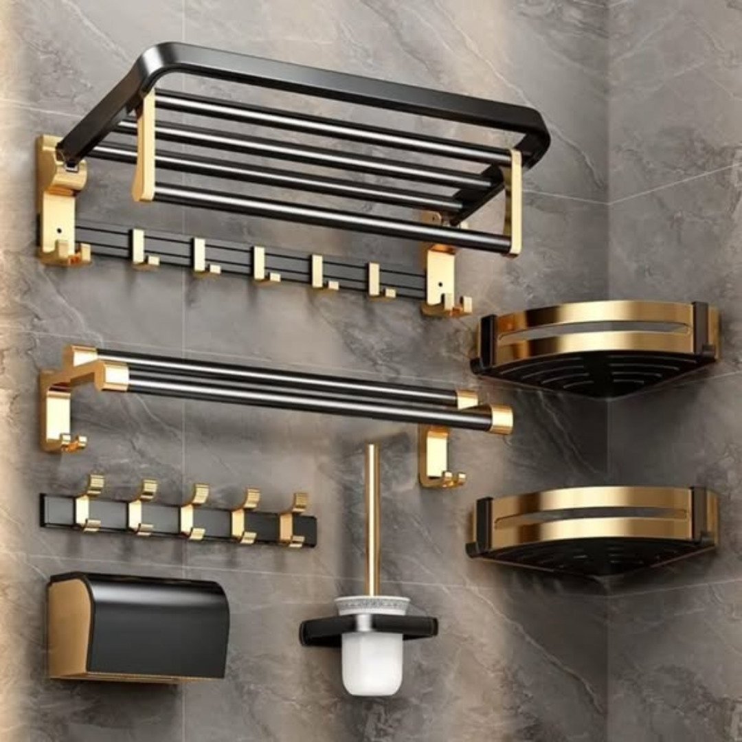 7pcs Gold Multifunctional Aluminum Bath Towel Storage Rack Set