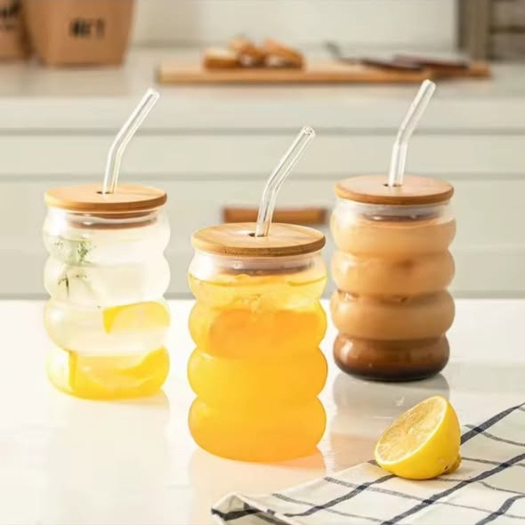 Beehive Pattern Glass Tumbler with Bamboo Lid