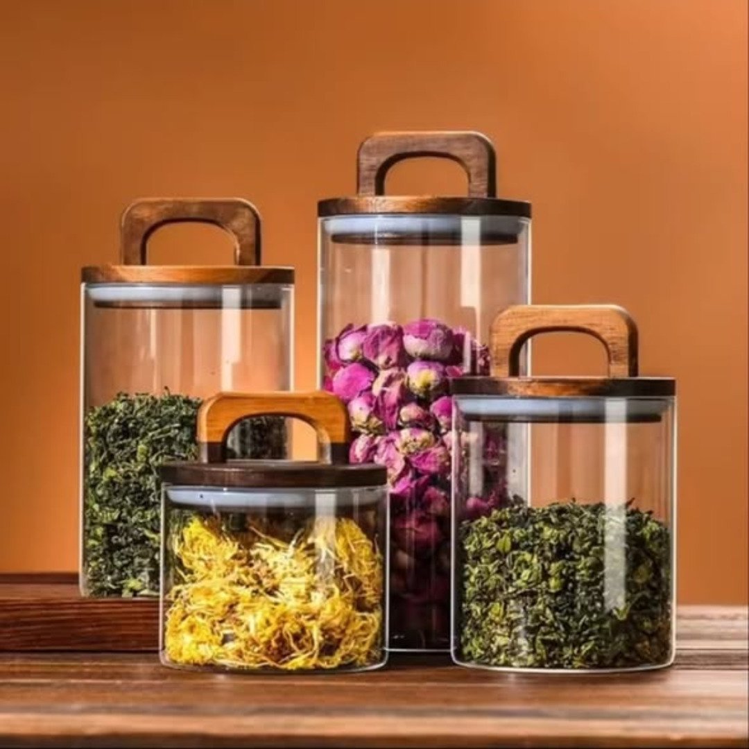 4pcs Airtight Glass Jars with Elegant Wooden Lids