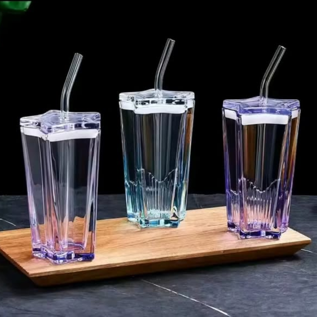 Heavy Duty Pentagonal Glass Tumbler with Straw