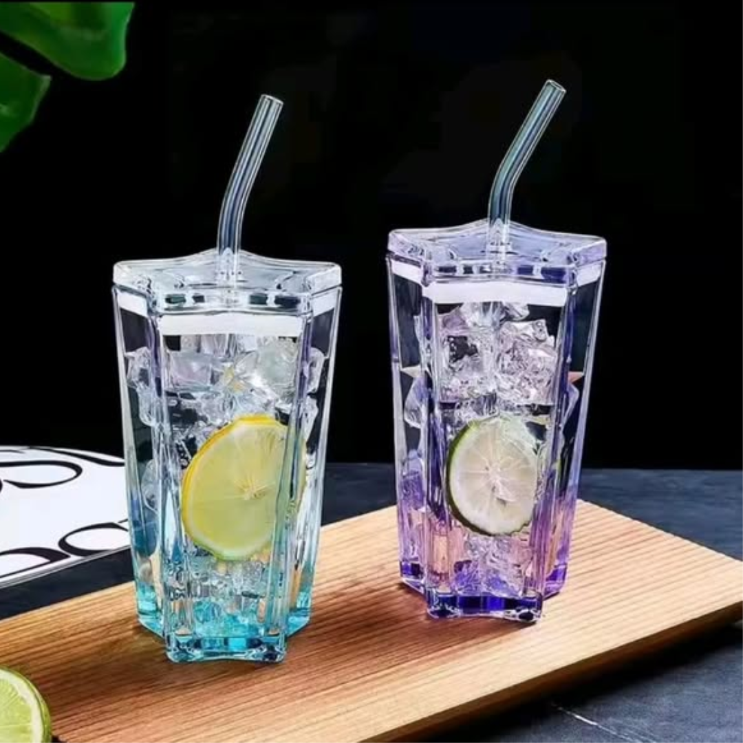 Heavy Duty Pentagonal Glass Tumbler with Straw