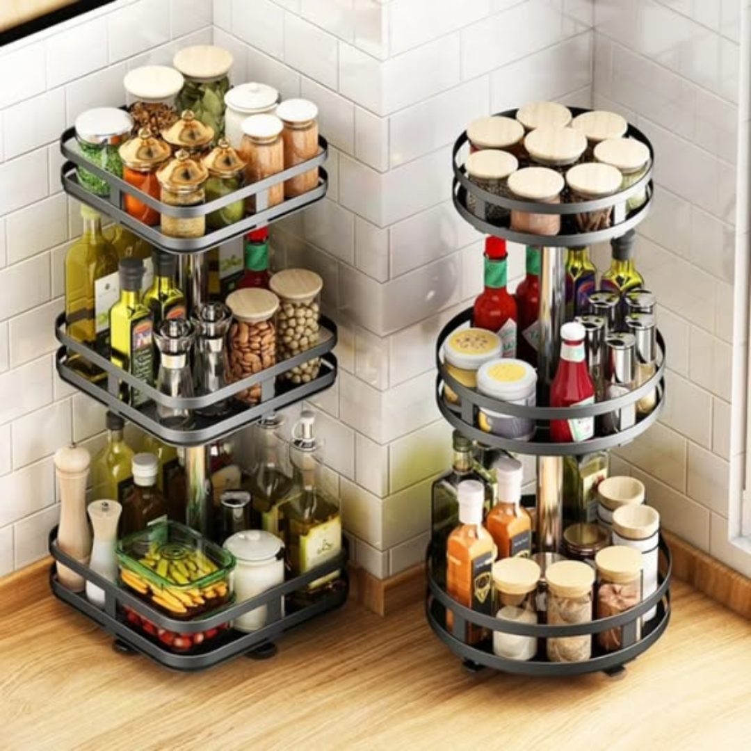3 Tier Square Metallic Rotating Spice Storage Rack