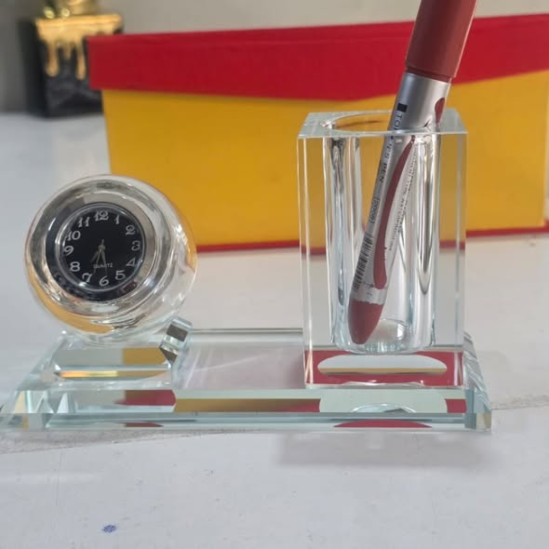 Crystal glass Desktop clock and pen holder set