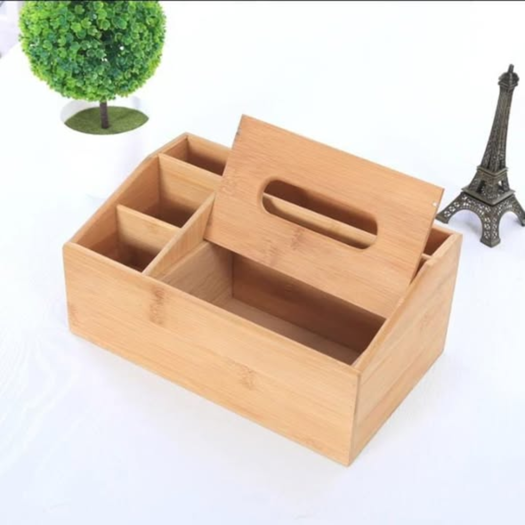 Multifunctional Bamboo Desktop Organizer / Tissue Box
