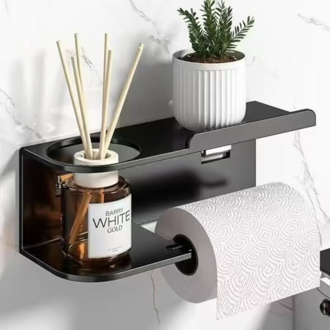 Wall-mounted toilet paper holder with shelf