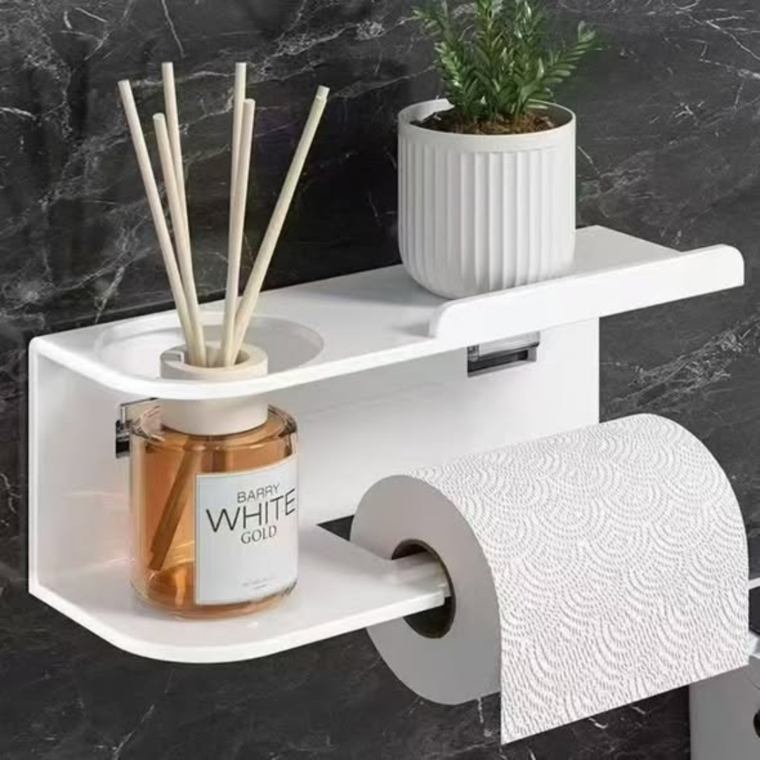 Wall-mounted toilet paper holder with shelf