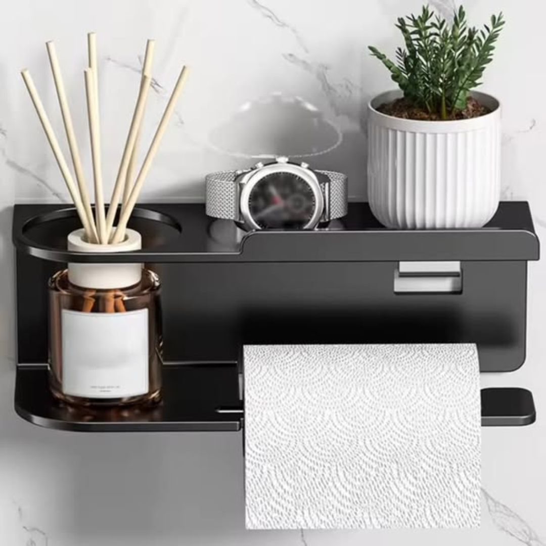 Wall-mounted toilet paper holder with shelf