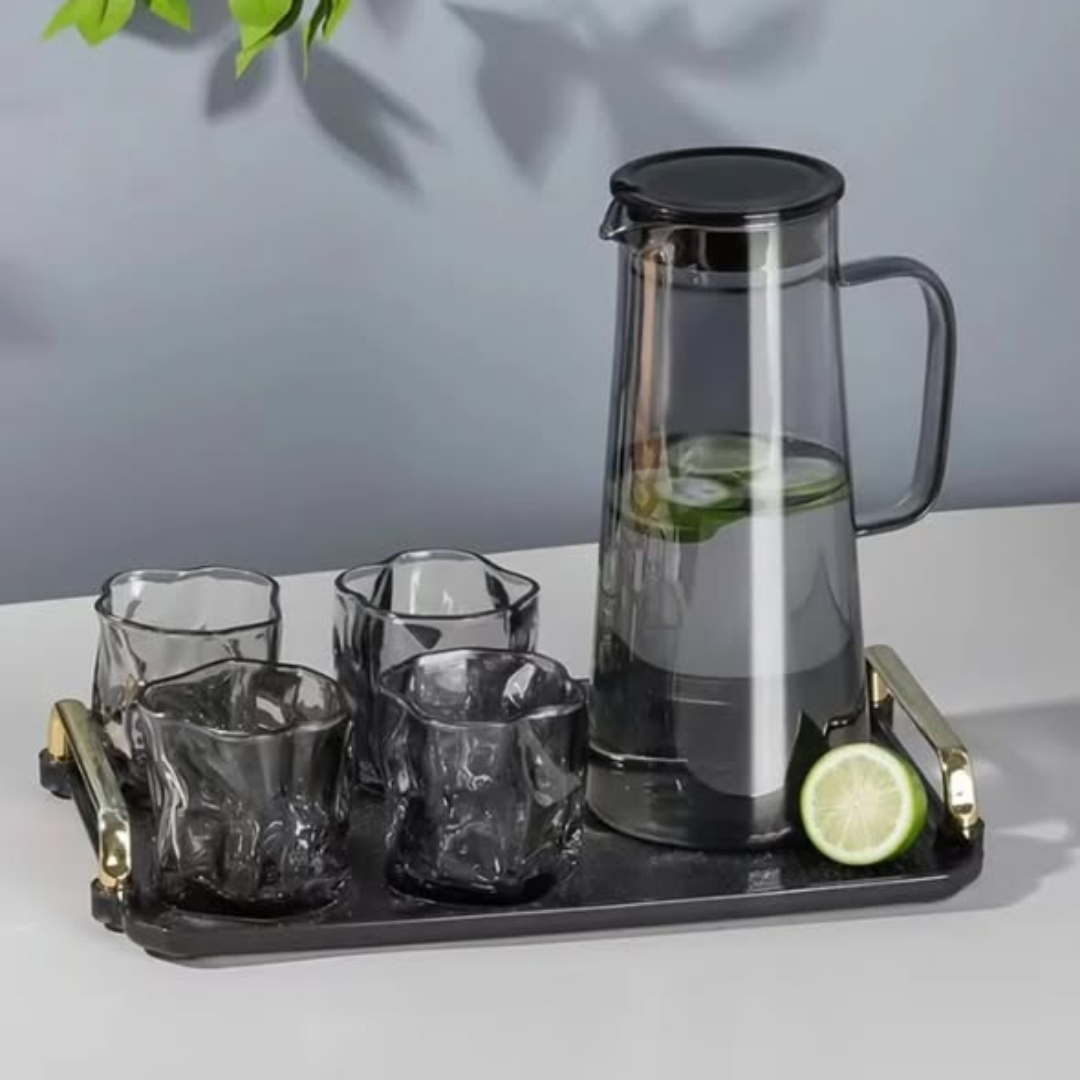 Glass Water Pitcher With Lid and 4pc Water Glasses