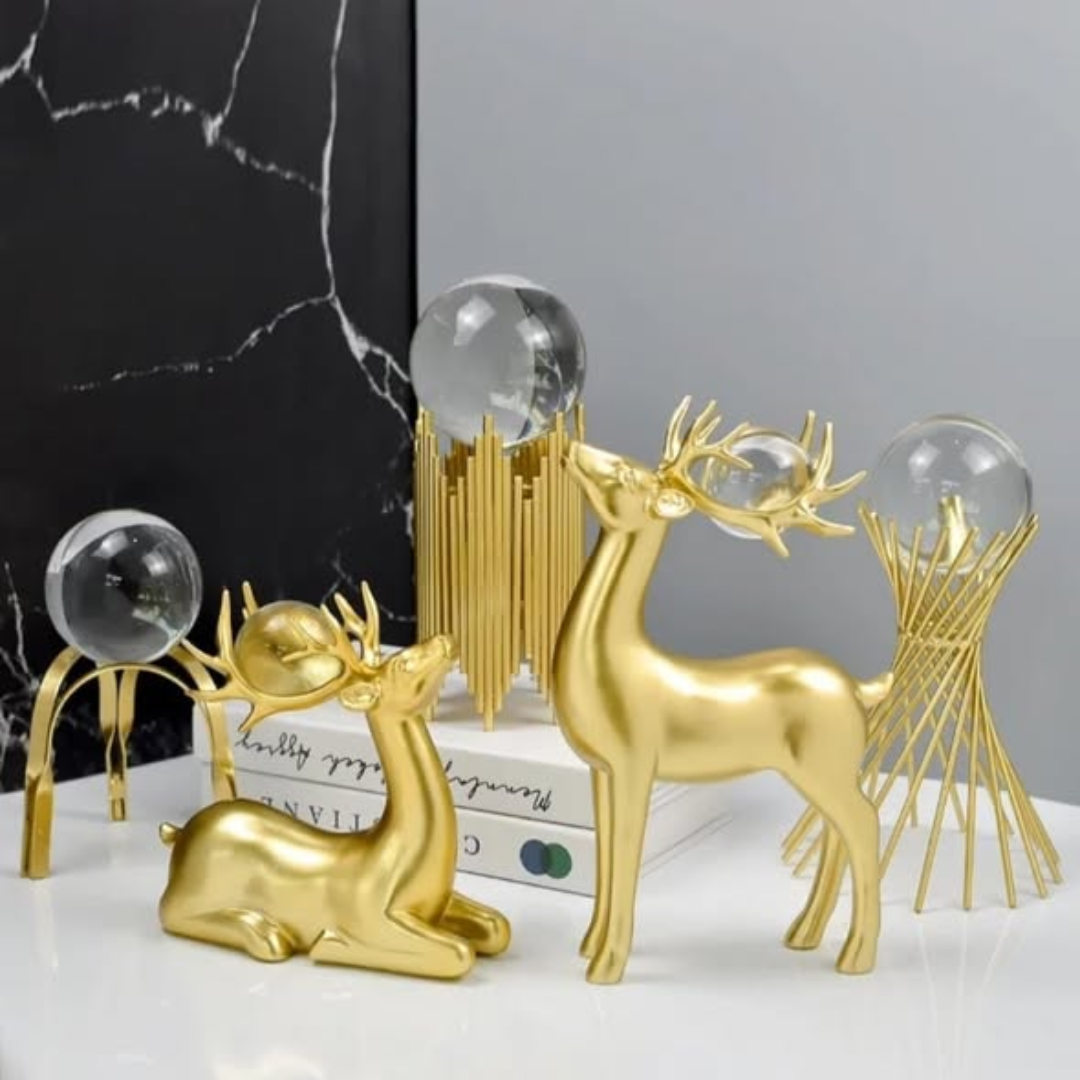 2pcs Nordic Golden Deer Resin Ornaments with Crystal Ball