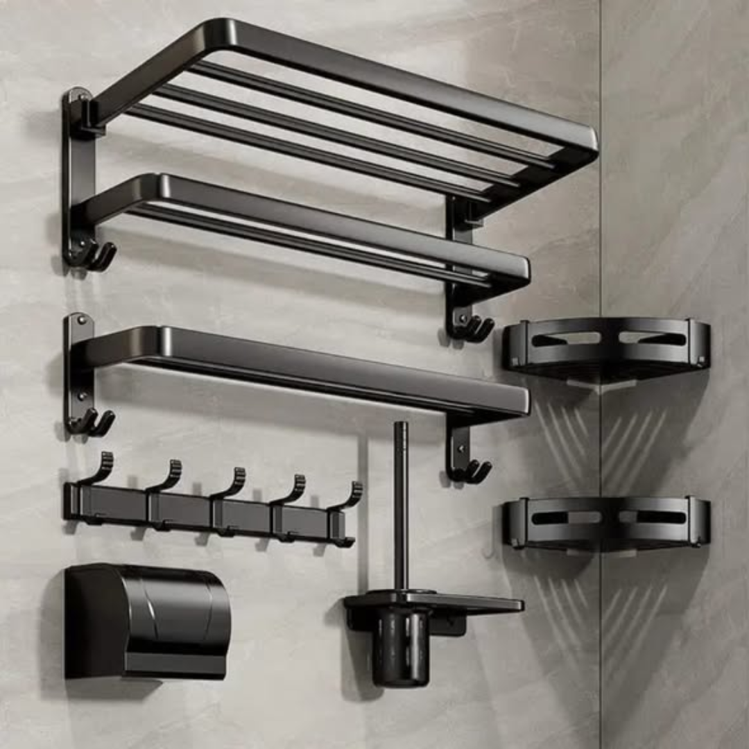 7pcs Black Multifunctional Aluminum Bath Towel Storage Rack Set
