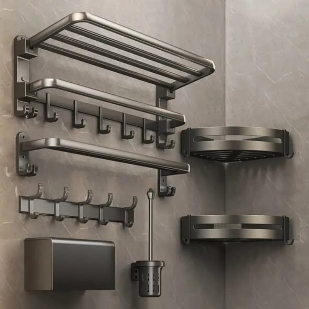 7pcs Black Multifunctional Aluminum Bath Towel Storage Rack Set