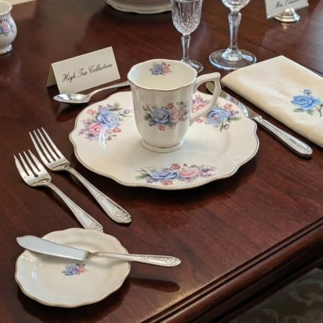12pc Vintage Floral Set with Gold Rim