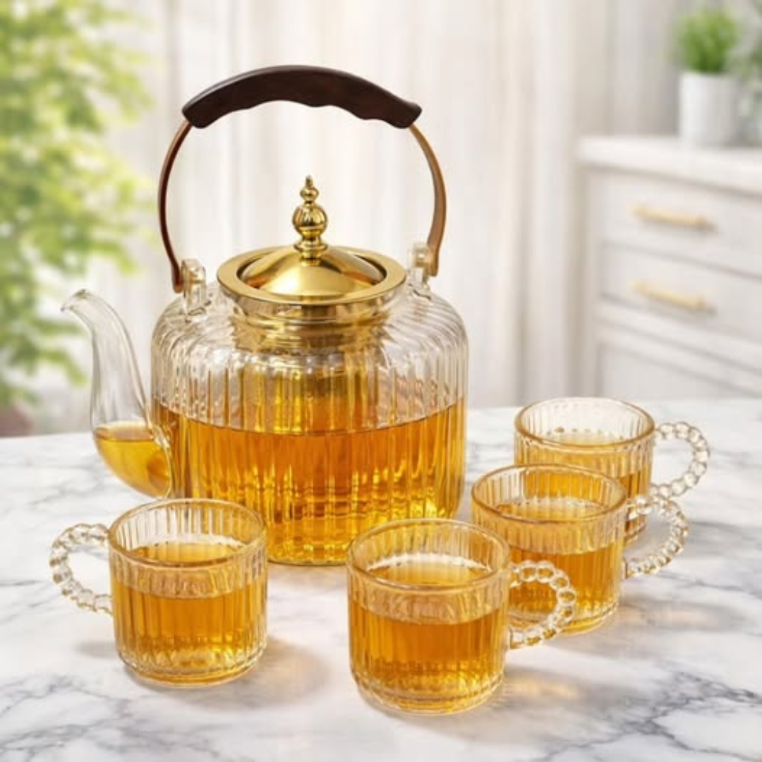 Bamboo handle borosilicate glass tea pot set