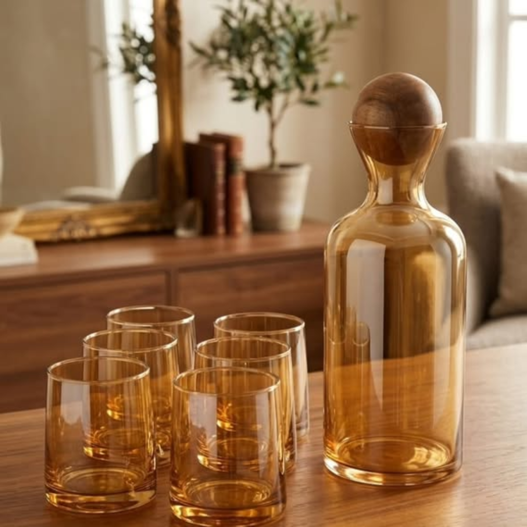 Gold Decanter+6pcs Glasses with a Bamboo Round Lid