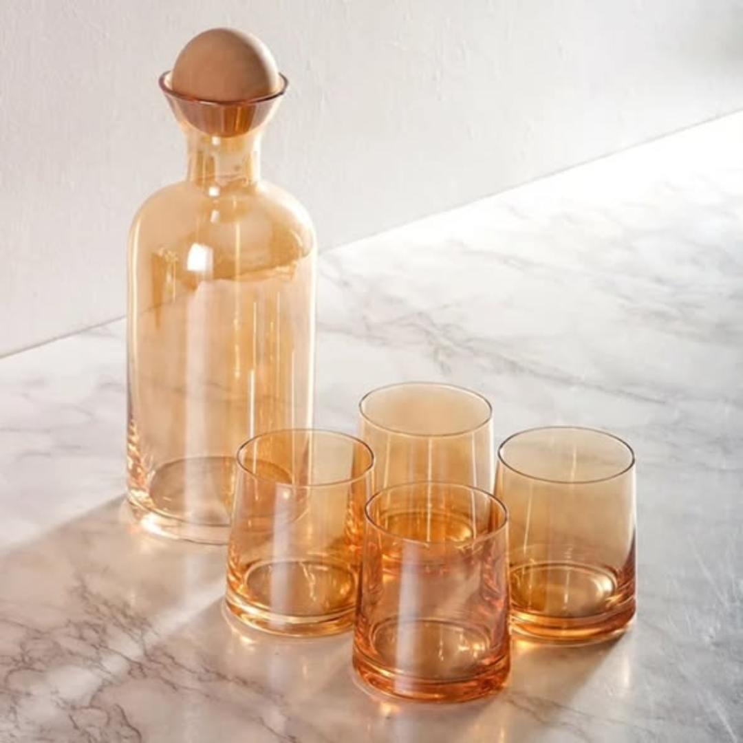 Gold Decanter+6pcs Glasses with a Bamboo Round Lid