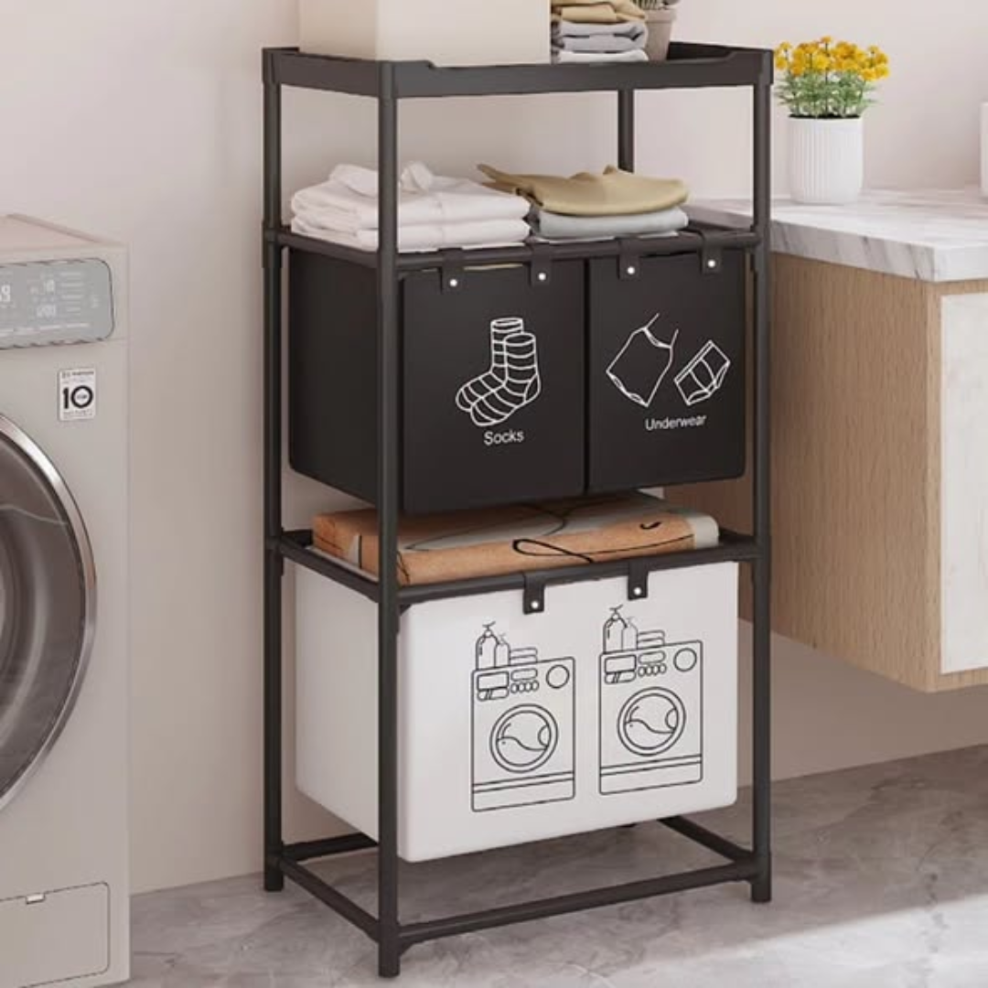 4-Grid Laundry Basket with Storage Rack